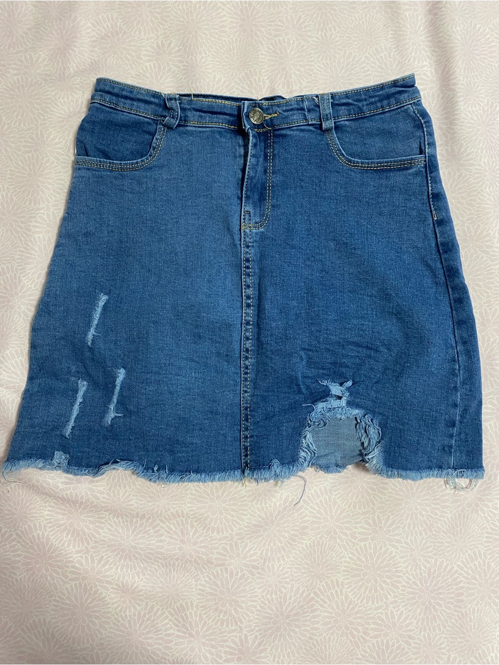Classic Blue Distressed Denim Mini Skirt